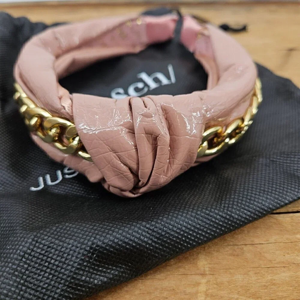New Kitsch X Justine Marjan Patent Knotted Headband with Chain Blush